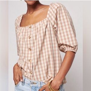 Faherty Cali Check Puff Sleeve Beige Gingham Organic Cotton Top
